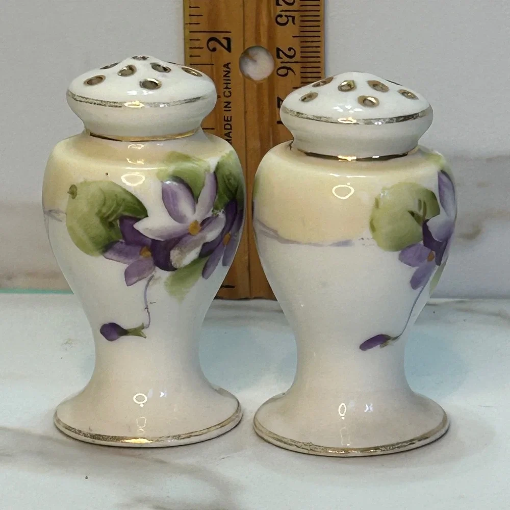 Vintage Nippon Hand Painted Porcelain Salt and Pepper Shakers Violets Gold